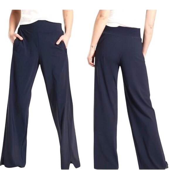 Athleta Navy Double Waist Band High Rise Wide Leg Pants Pockets Size 12 - Picture 1 of 6